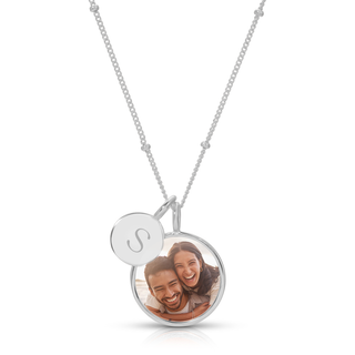 Sterling Silver Necklace with Photo Charm & Engraved Disc on Beaded Chain