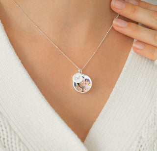 Sterling Silver Necklace with Photo Charm & Engraved Disc on Beaded Chain