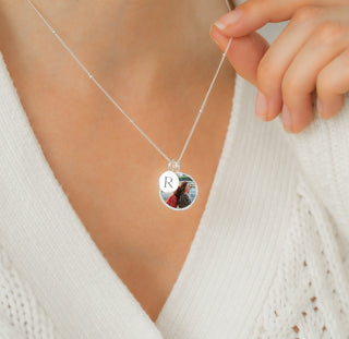 Sterling Silver Necklace with Photo Charm & Engraved Disc on Beaded Chain